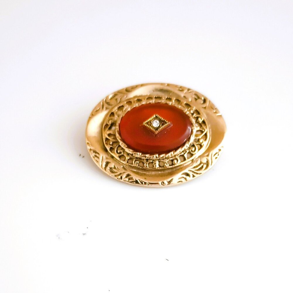 1928 Gold Filigree Oval Brooch Pin Vtg Rust Glass Center Clear Stone Made in USA
